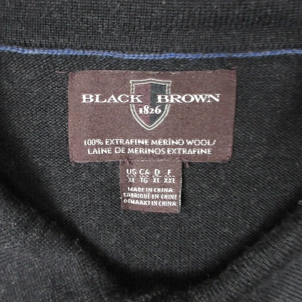 Black Brown 1826 Men XL Black Solid Extrafine Merino Wool Collared Polo Pullover